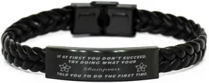 GIFTVILLE & SURPRISE Shampooer Braided Leather Bracelet, If at first you don't succeed, try doing what your athletic trainer told you to do the first time., Laser Engraved, Stainless Steel Wristband