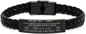 GIFTVILLE & SURPRISE Therapist Braided Leather Bracelet, If at first you don't succeed, try doing what your athletic trainer told you to do the first time., Laser Engraved, Stainless Steel Wristband