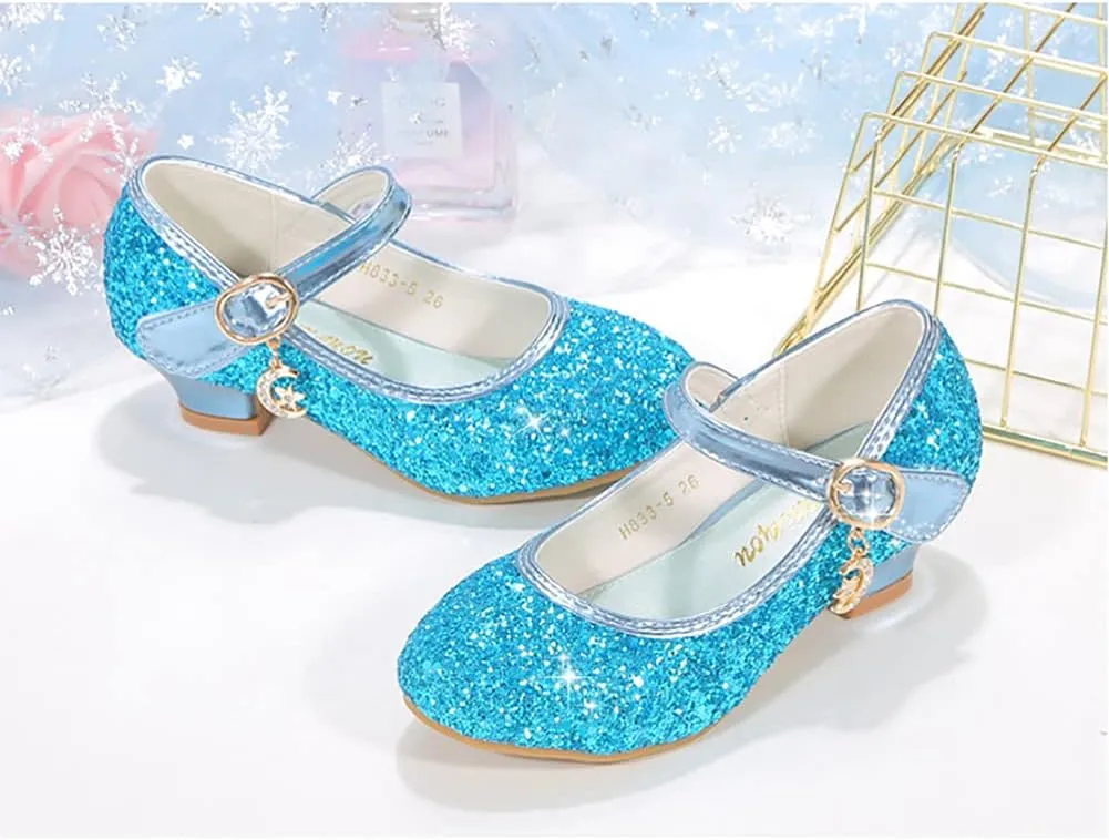 Girls Low Heels Princess Dress Shoes Glitter Sequins Mary Jane Party Wedding Shoes