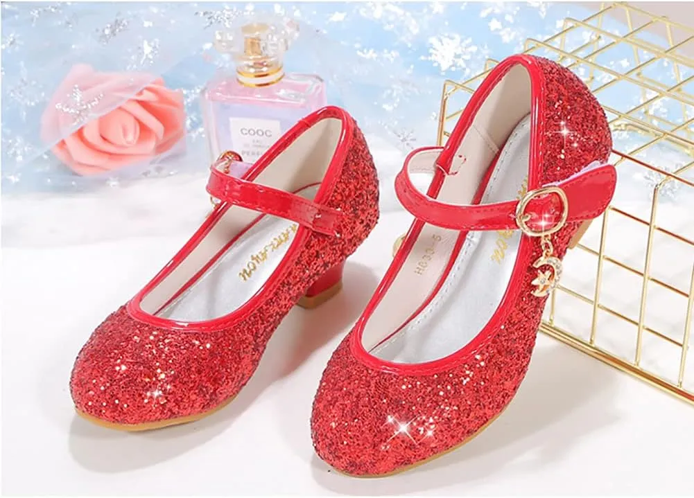 Girls Low Heels Princess Dress Shoes Glitter Sequins Mary Jane Party Wedding Shoes