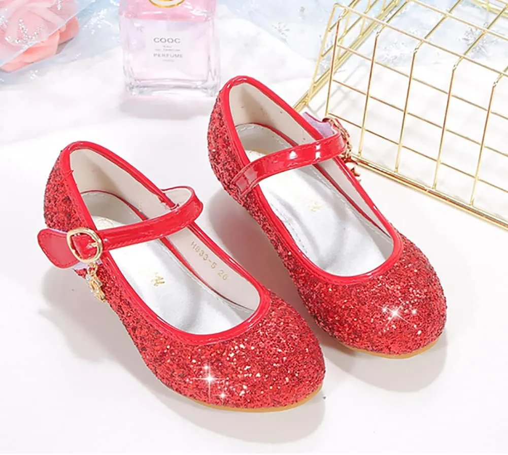 Girls Low Heels Princess Dress Shoes Glitter Sequins Mary Jane Party Wedding Shoes