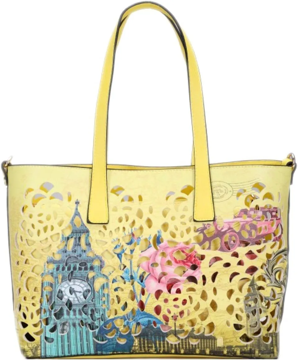 Girly Handbags Womens Faux Leather Top Handle Bag Laser Cut Paris London Rome Vintage Handbag