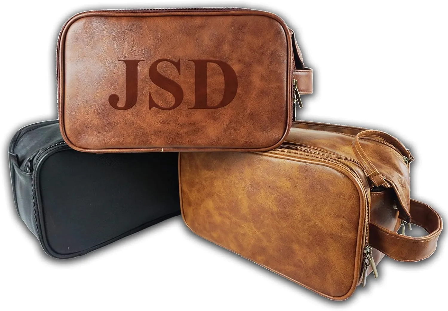 Glamativity Personalized Leather Toiletry Bag for Men, Large Travel Shaving Dopp Kit Water-resistant Toiletries Organizer Leather Cosmetic Bags For Groomsmen Gifts Custom Laser Engraved Leather Gift
