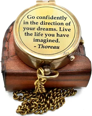 Go Confidently Thoreau Quote, Inspirational Nautical Brass Compass with Leather Case Chain Compass, Antique Brown Style Gifts 'Go Confidently in The Direction of Your Dreams