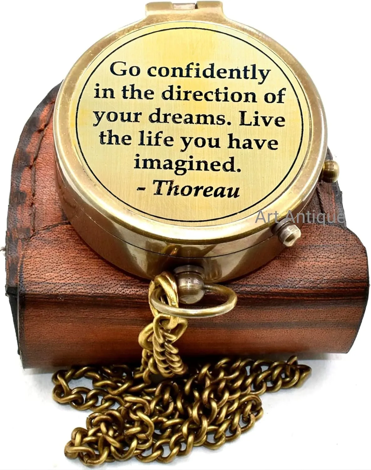 Go Confidently Thoreau Quote, Inspirational Nautical Brass Compass with Leather Case Chain Compass, Antique Brown Style Gifts 'Go Confidently in The Direction of Your Dreams