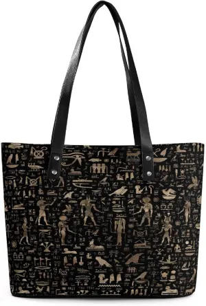 Gold And Black Ancient Egyptian Gods And Hieroglyphs Women Tote Bags Top Handle Satchel Handbags Faux Leather Tassel Shoulder Purse