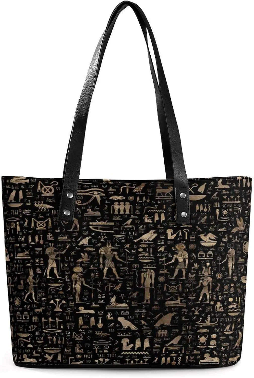 Gold And Black Ancient Egyptian Gods And Hieroglyphs Women Tote Bags Top Handle Satchel Handbags Faux Leather Tassel Shoulder Purse