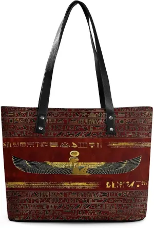 Gold Hieroglyphs Symbols Women Tote Bags Top Handle Satchel Handbags Faux Leather Tassel Shoulder Purse
