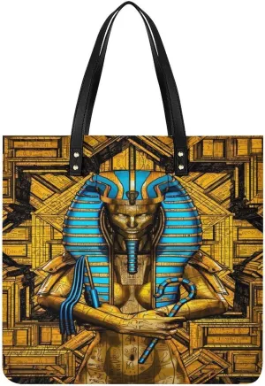 Golden Egyptian Sphinx And Hieroglyphics Pharaoh Women Tote Bags Top Handle Satchel Handbags PU Faux Leather Tassel Shoulder Purse
