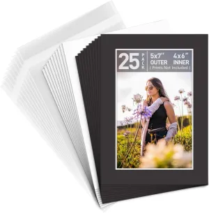 Golden State Art, Pack of 25 Black Pre-Cut 5x7 Picture Mat for 4x6 Photo with White Core Bevel Cut Mattes Sets. Includes 25 High Premier Acid Free Matts & 25 Backing Backers Board & 25 Clear Bags