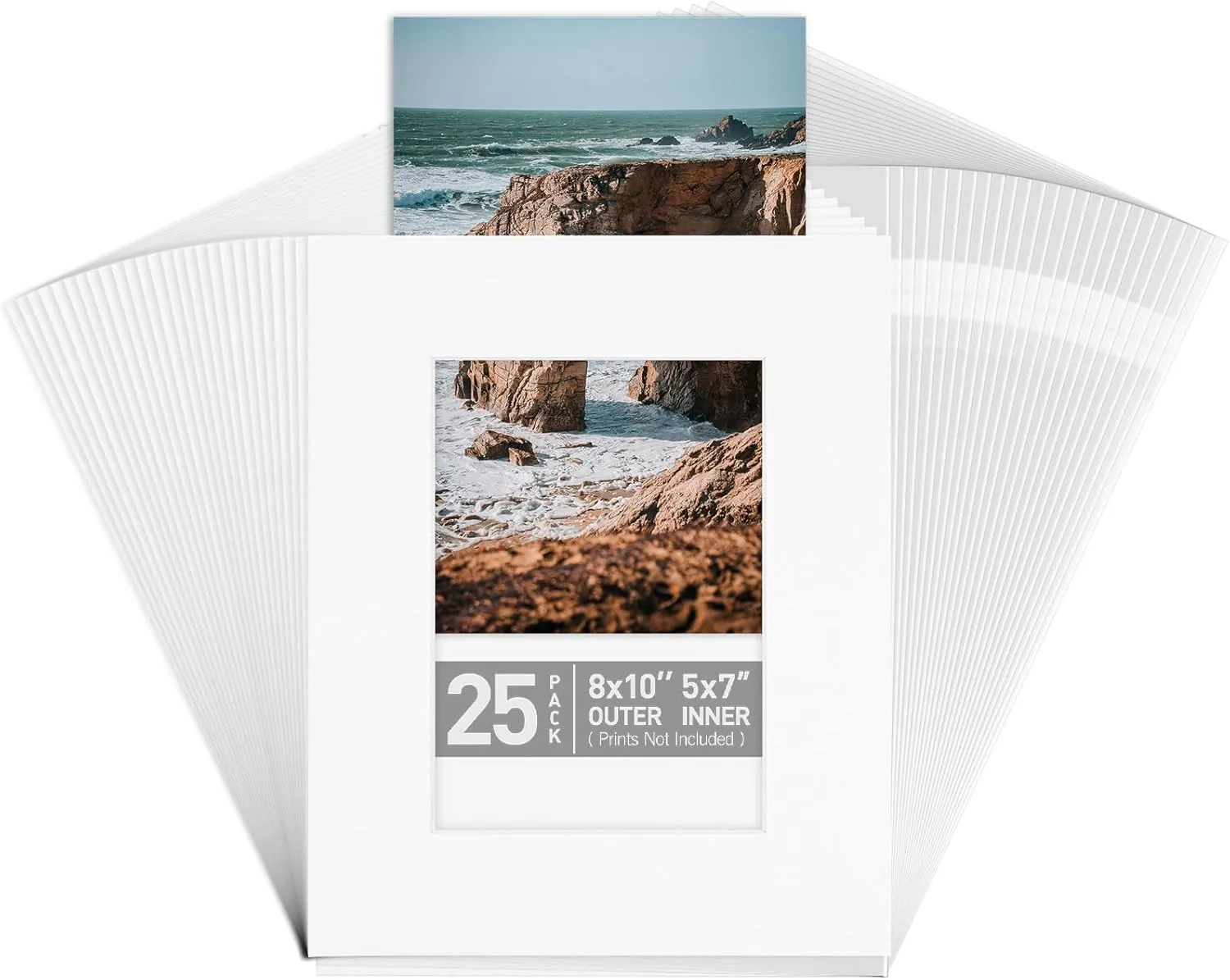 Golden State Art, Pack of 25 White Slip-in Photo Mat with Backing Board Pre-Adhesived, Includes 25 Clear Storage Bags, Cardboard Mounting Frame (8x10 for 5x7 Photos)