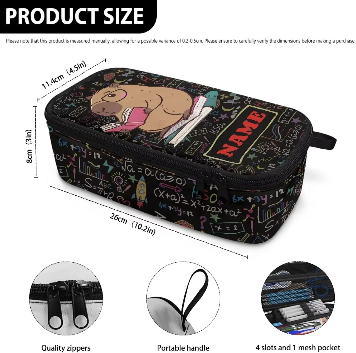 Gomyblomy Custom Capybara Pencil Case for Girls Boys Women Men Personalized Pen Bag with Name High Capacity Stationery Pouch with Pen Slots for School Office Work Travel Makeup Bag