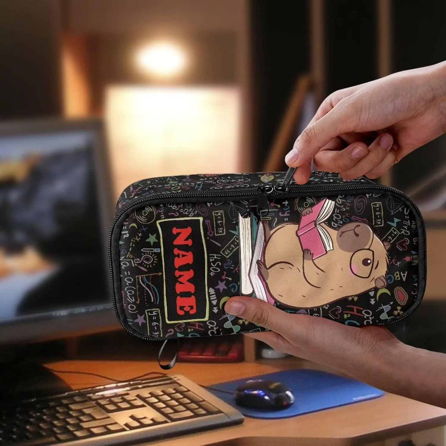 Gomyblomy Custom Capybara Pencil Case for Girls Boys Women Men Personalized Pen Bag with Name High Capacity Stationery Pouch with Pen Slots for School Office Work Travel Makeup Bag