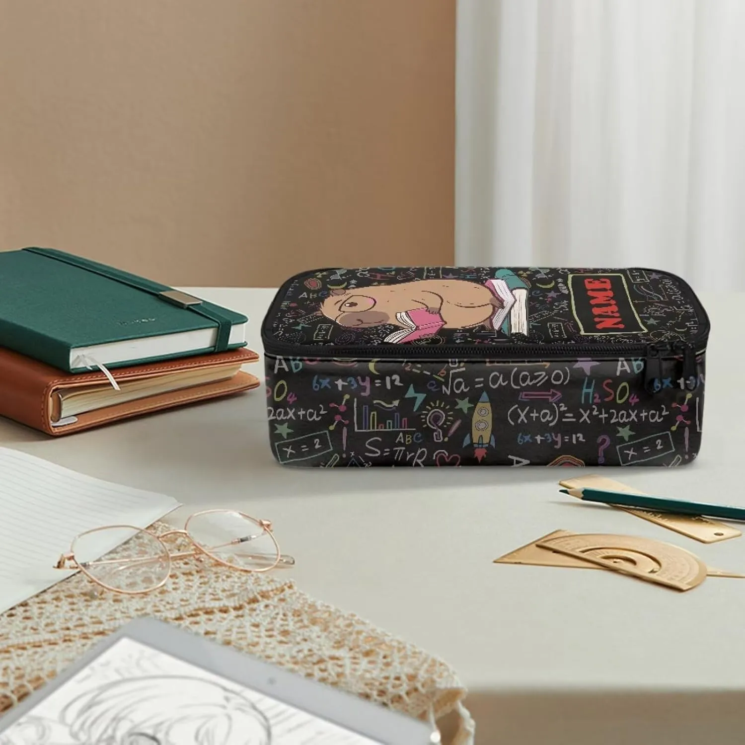 Gomyblomy Custom Capybara Pencil Case for Girls Boys Women Men Personalized Pen Bag with Name High Capacity Stationery Pouch with Pen Slots for School Office Work Travel Makeup Bag