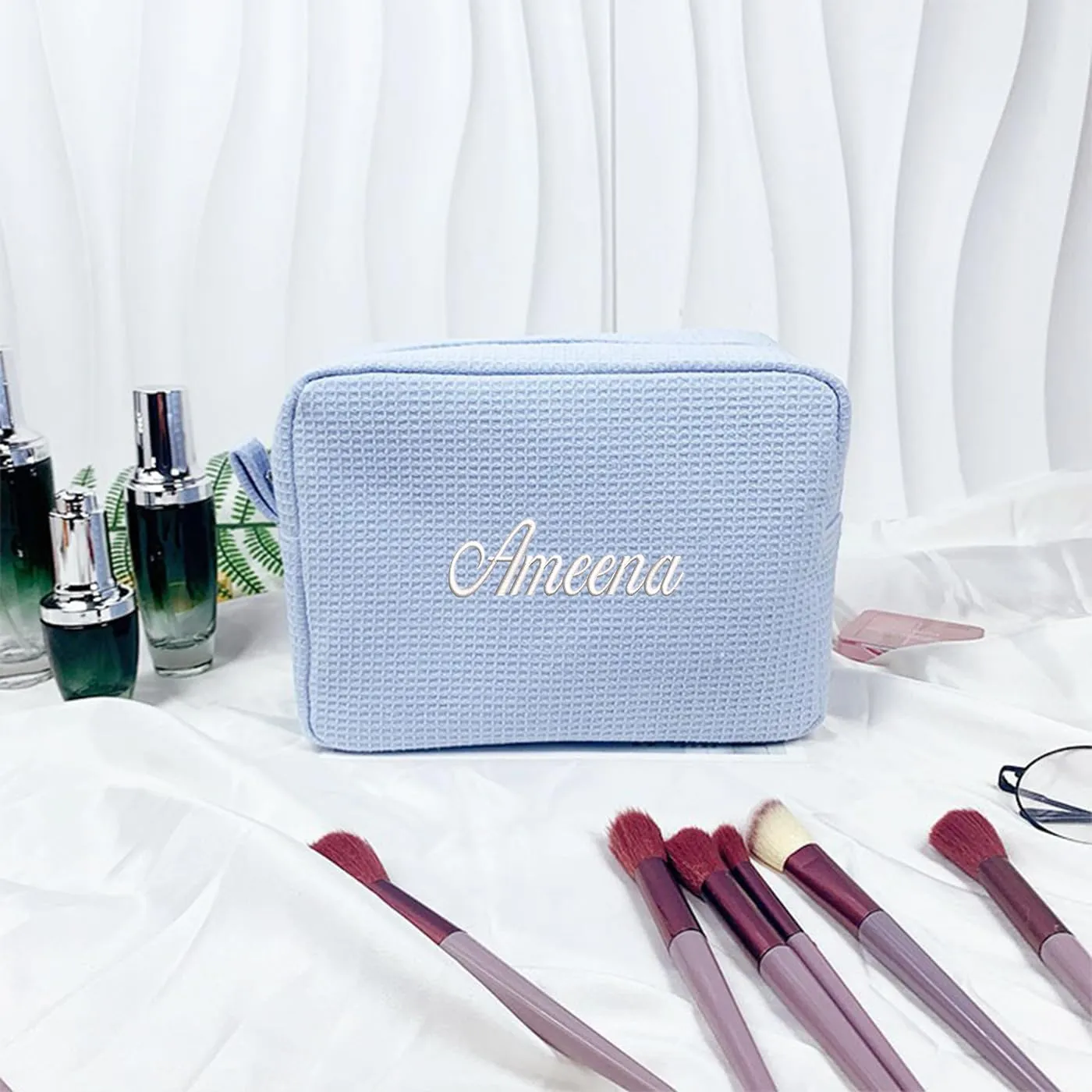 GOPHIE Personalized Embroidered Makeup Bag,Custom Waffle Fabric Cosmetic Pouch for Women, Travel Makeup Pouch (1, Sky Blue)