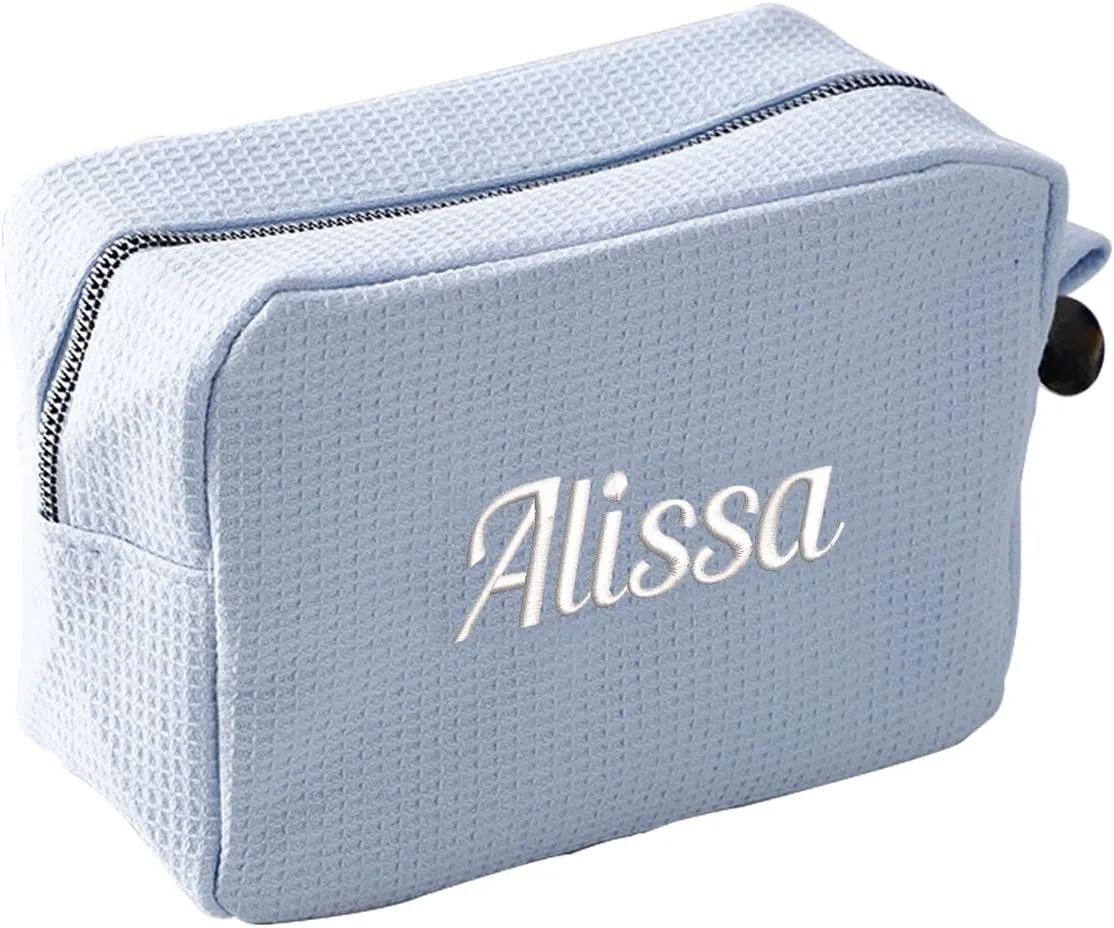 GOPHIE Personalized Embroidered Makeup Bag,Custom Waffle Fabric Cosmetic Pouch for Women, Travel Makeup Pouch (1, Sky Blue)