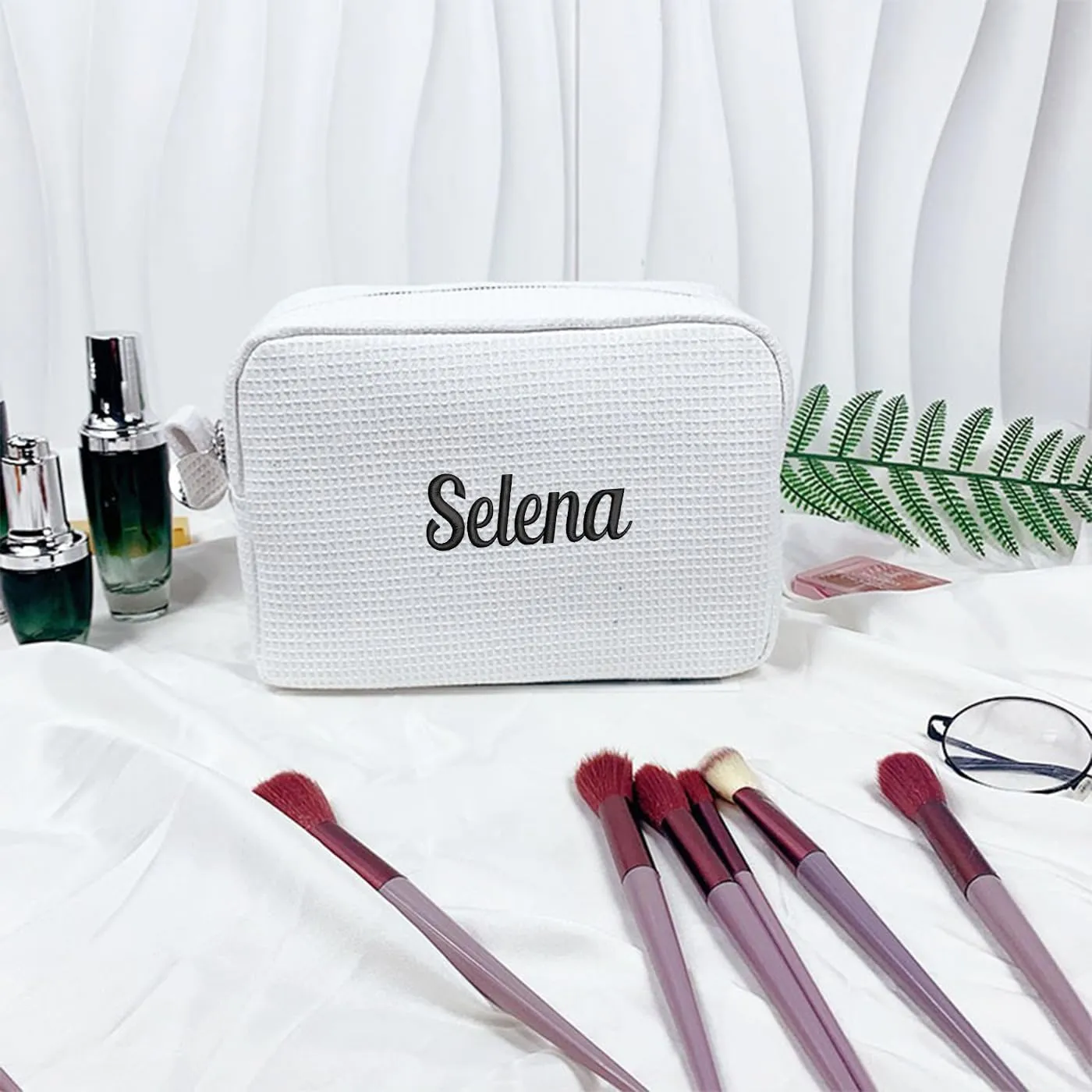 GOPHIE Personalized Embroidered Makeup Bag,Custom Waffle Fabric Cosmetic Pouch for Women, Travel Makeup Pouch (3, White)