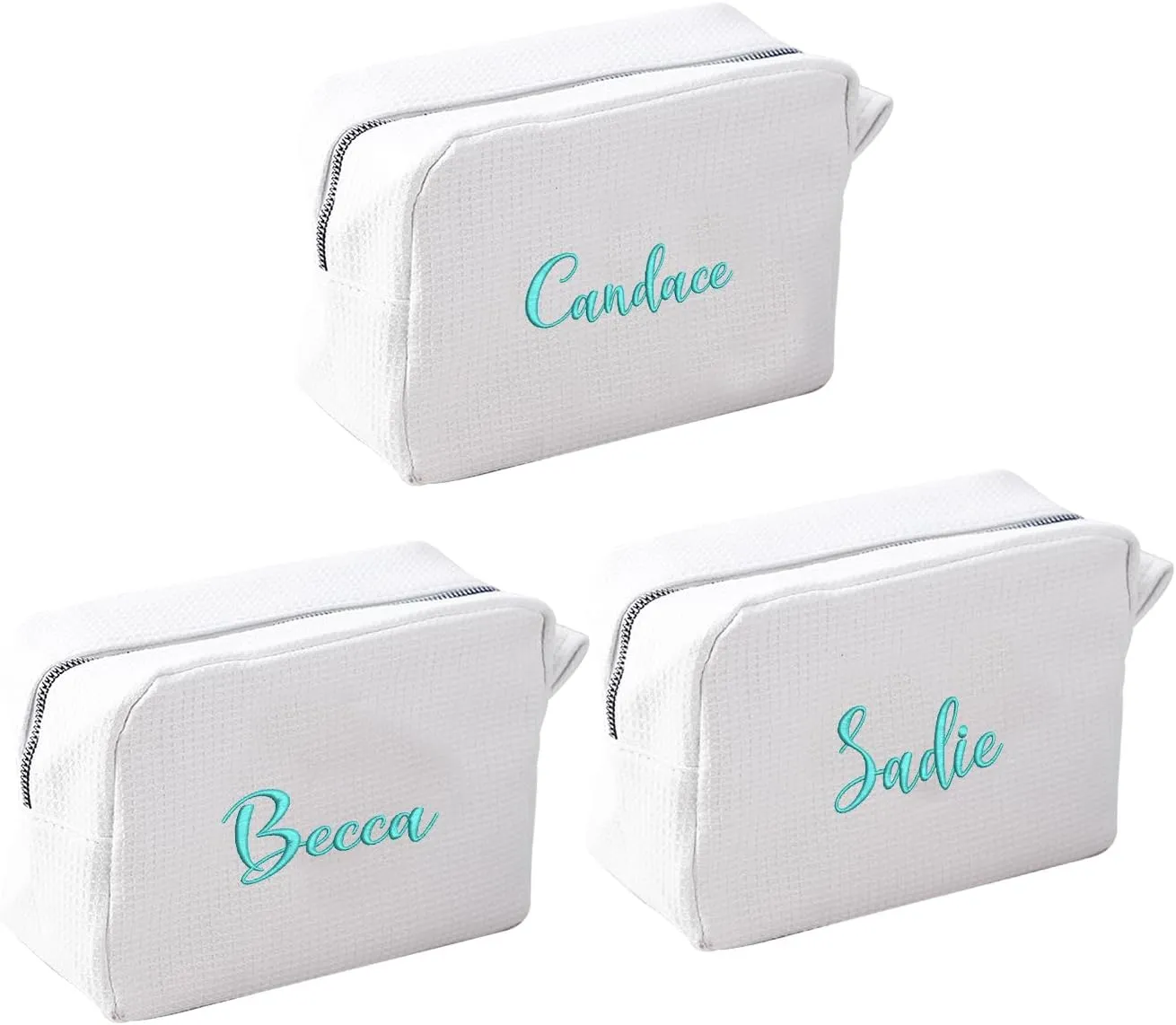 GOPHIE Personalized Embroidered Makeup Bag,Custom Waffle Fabric Cosmetic Pouch for Women, Travel Makeup Pouch (3, White)