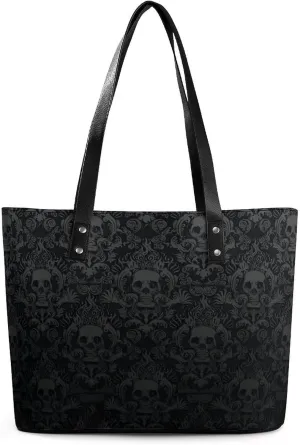 Goth Gothic Black Skull Damask Women Tote Bags Top Handle Satchel Handbags Faux Leather Tassel Shoulder Purse