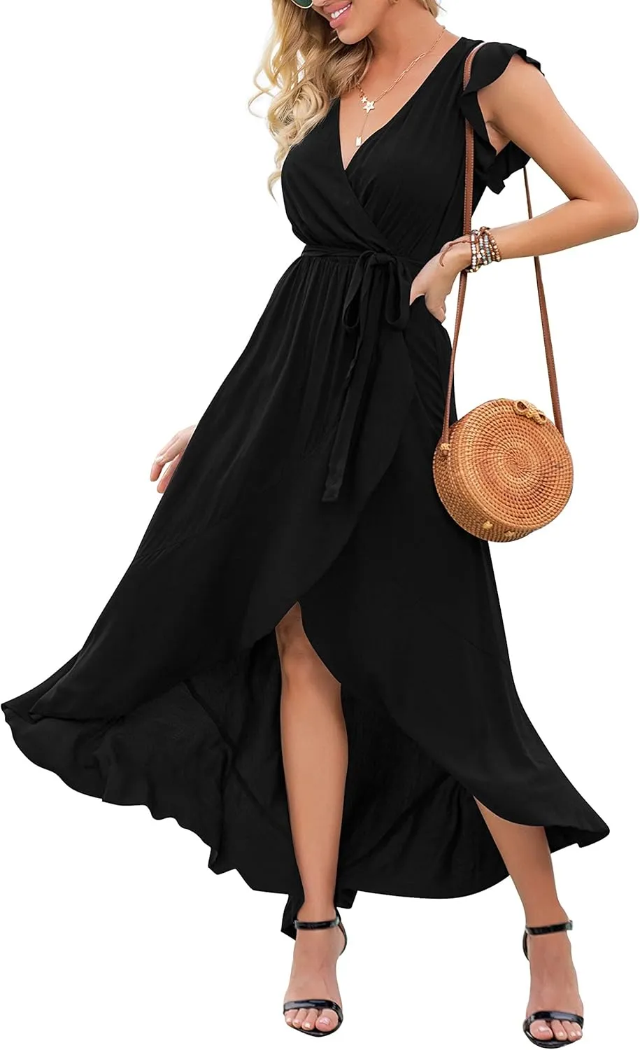 GRECERELLE 2025 Women's Spring Summer Boho Floral Print V-Neck Faux Wrap Maxi Dress for Wedding Guest, Graduation, Party