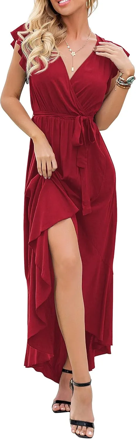 GRECERELLE 2025 Women's Spring Summer Boho Floral Print V-Neck Faux Wrap Maxi Dress for Wedding Guest, Graduation, Party