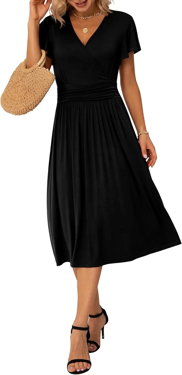 GRECERELLE Spring Summer Dress for Women Casual Ruffle Short Sleeve Wrap V-Neck Dress