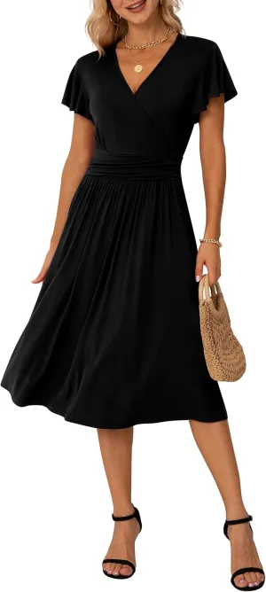 GRECERELLE Spring Summer Dress for Women Casual Ruffle Short Sleeve Wrap V-Neck Dress