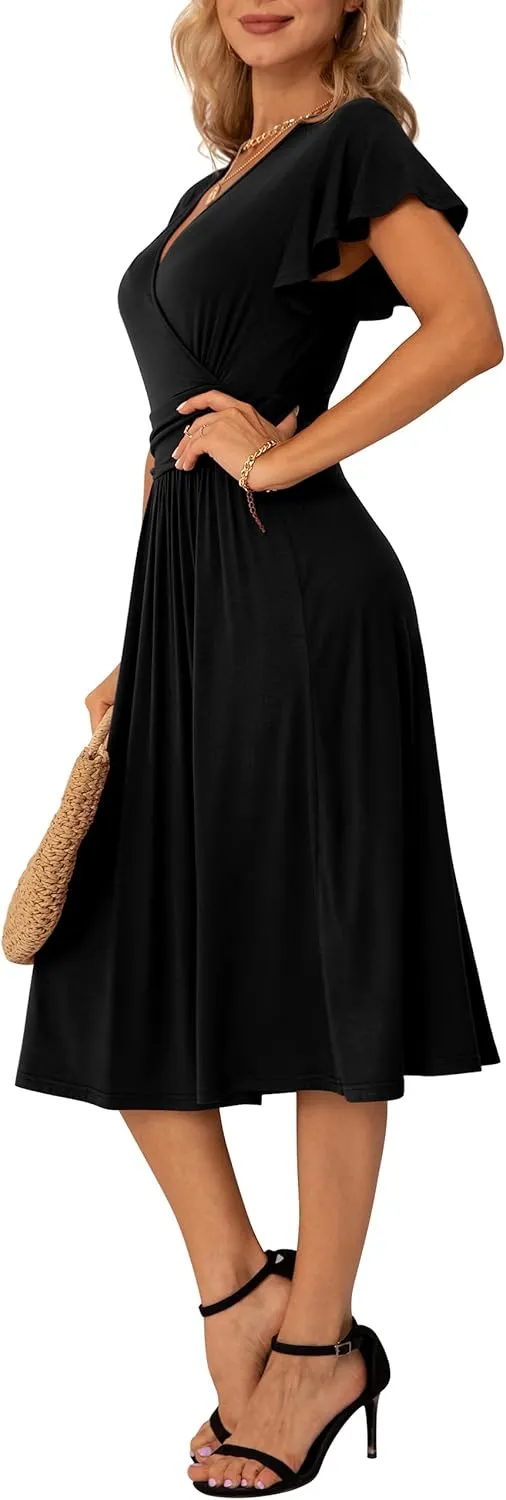 GRECERELLE Spring Summer Dress for Women Casual Ruffle Short Sleeve Wrap V-Neck Dress