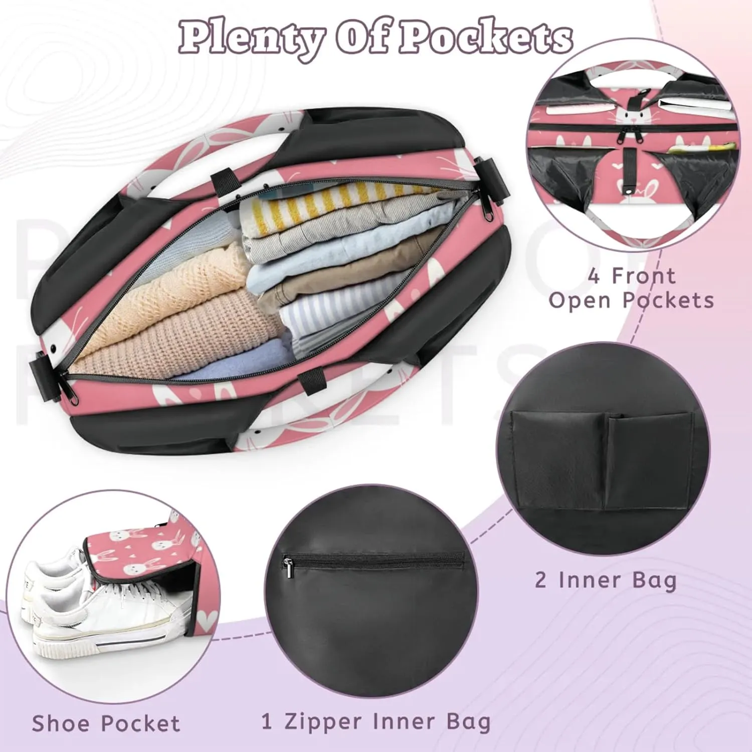 Gym Bag for Women Rabbits Love Heart Duffel Bag with Shoe Compartment and Yoga Mat Holder Portable Weekender Bags Travel Tote Bags