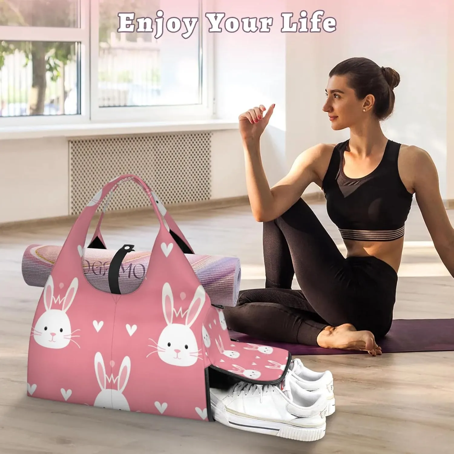 Gym Bag for Women Rabbits Love Heart Duffel Bag with Shoe Compartment and Yoga Mat Holder Portable Weekender Bags Travel Tote Bags