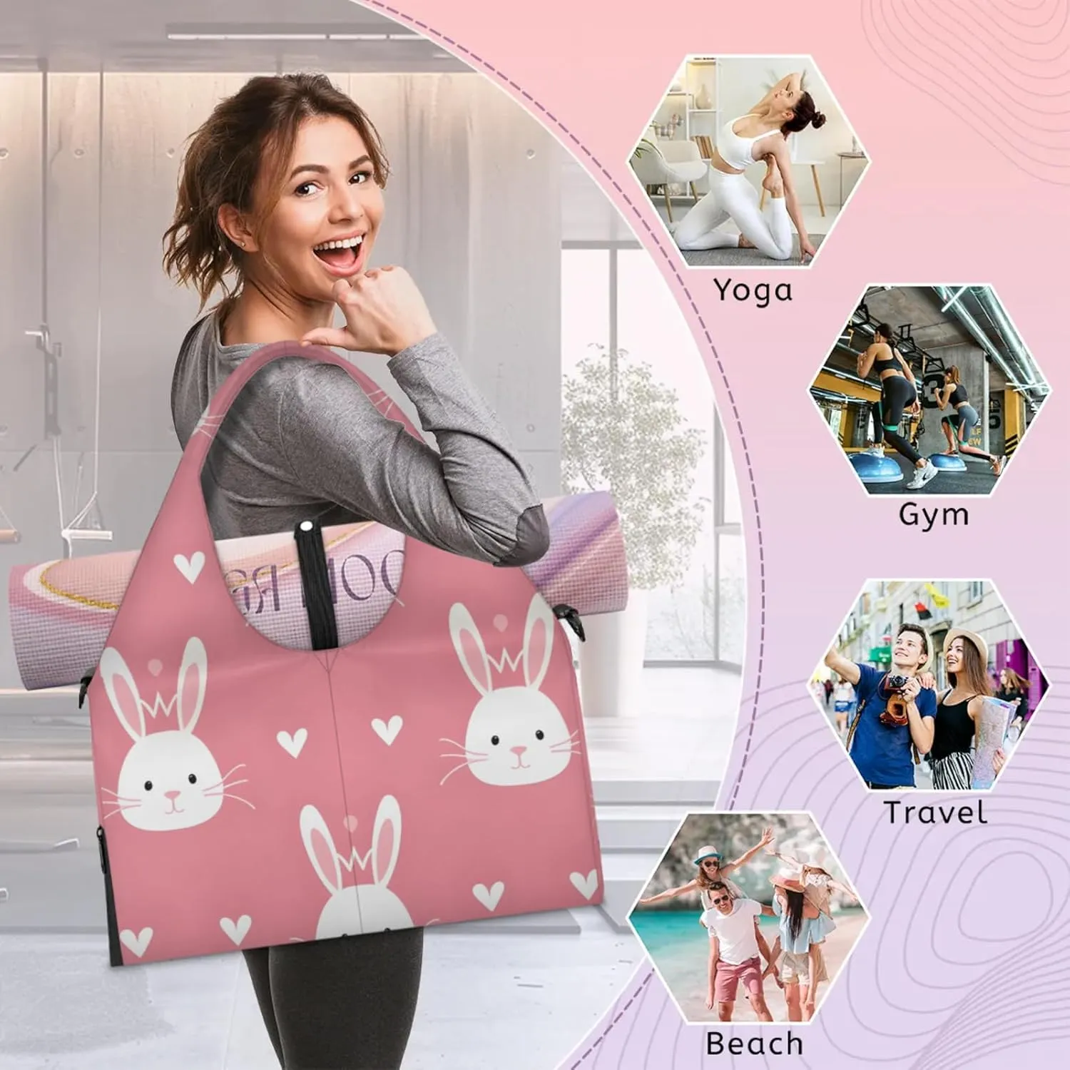 Gym Bag for Women Rabbits Love Heart Duffel Bag with Shoe Compartment and Yoga Mat Holder Portable Weekender Bags Travel Tote Bags