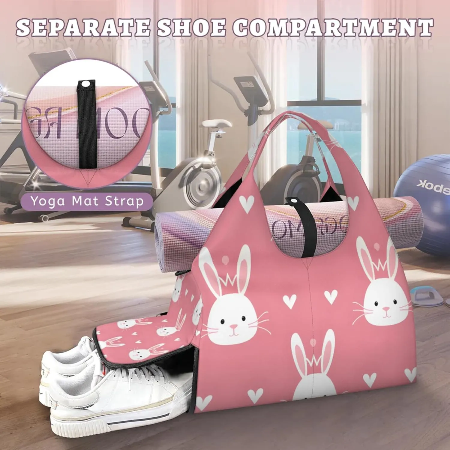 Gym Bag for Women Rabbits Love Heart Duffel Bag with Shoe Compartment and Yoga Mat Holder Portable Weekender Bags Travel Tote Bags