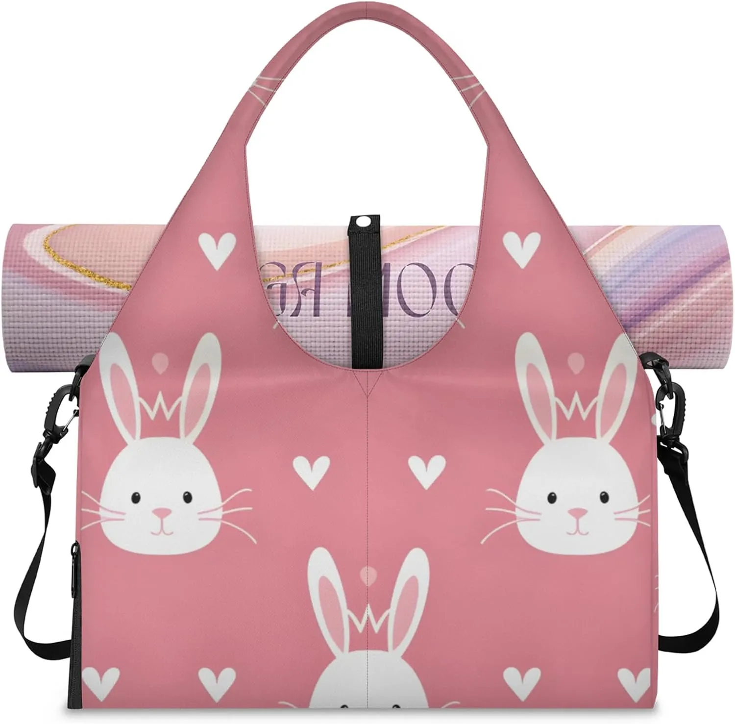 Gym Bag for Women Rabbits Love Heart Duffel Bag with Shoe Compartment and Yoga Mat Holder Portable Weekender Bags Travel Tote Bags
