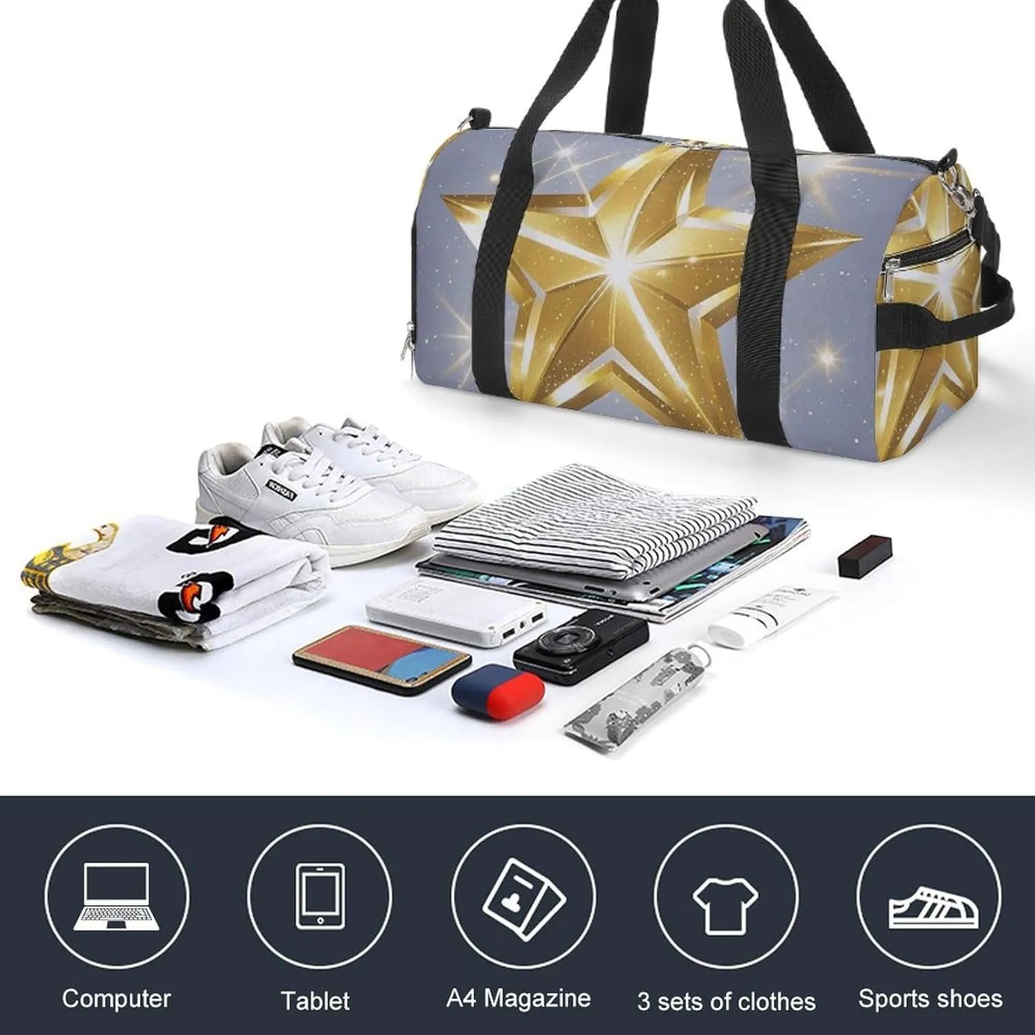 Gym Bag Gold Star Duffel Bag for Men Women Travel Overnight Bag with Shoe Compartment Workout Bags