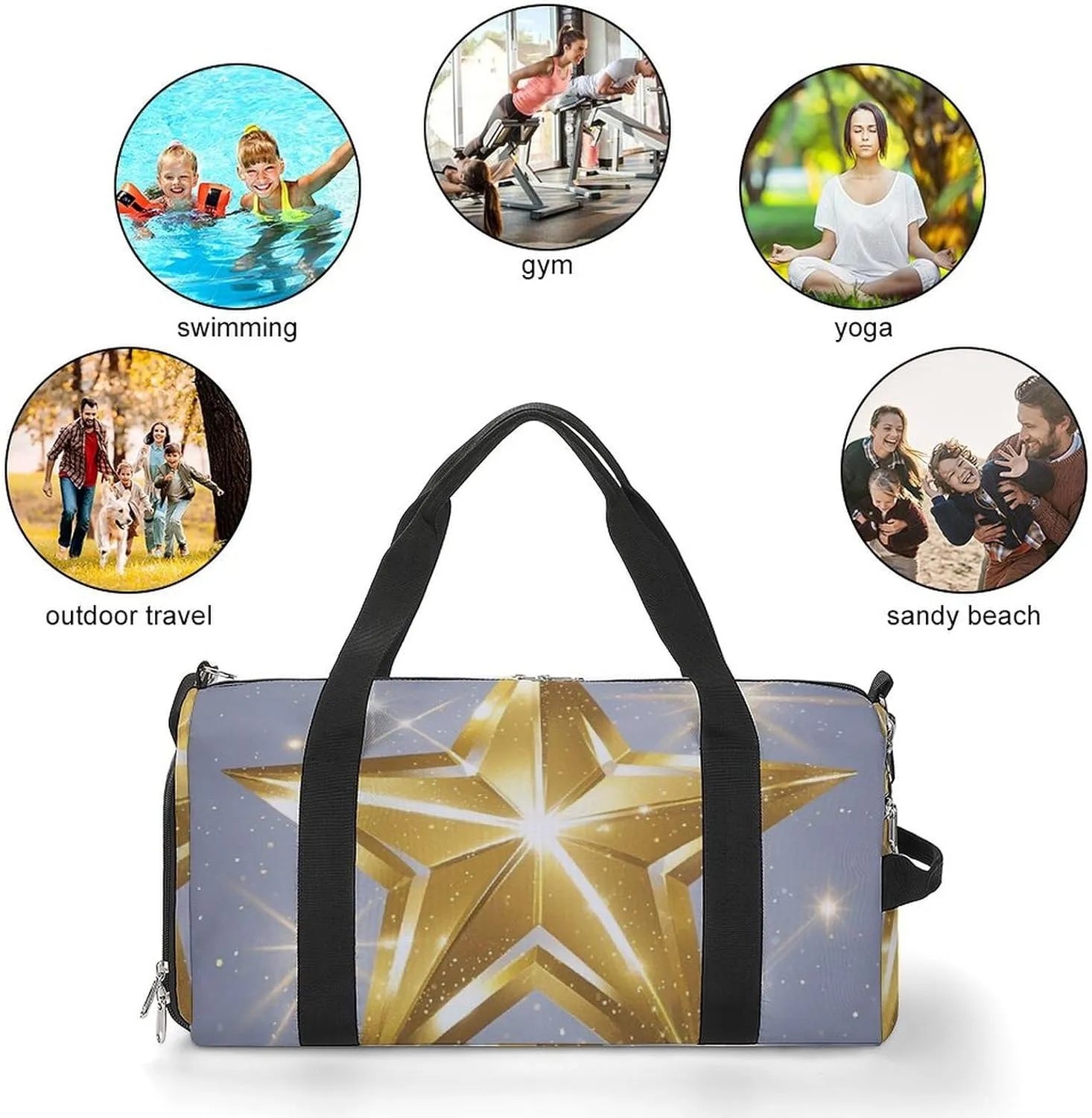 Gym Bag Gold Star Duffel Bag for Men Women Travel Overnight Bag with Shoe Compartment Workout Bags