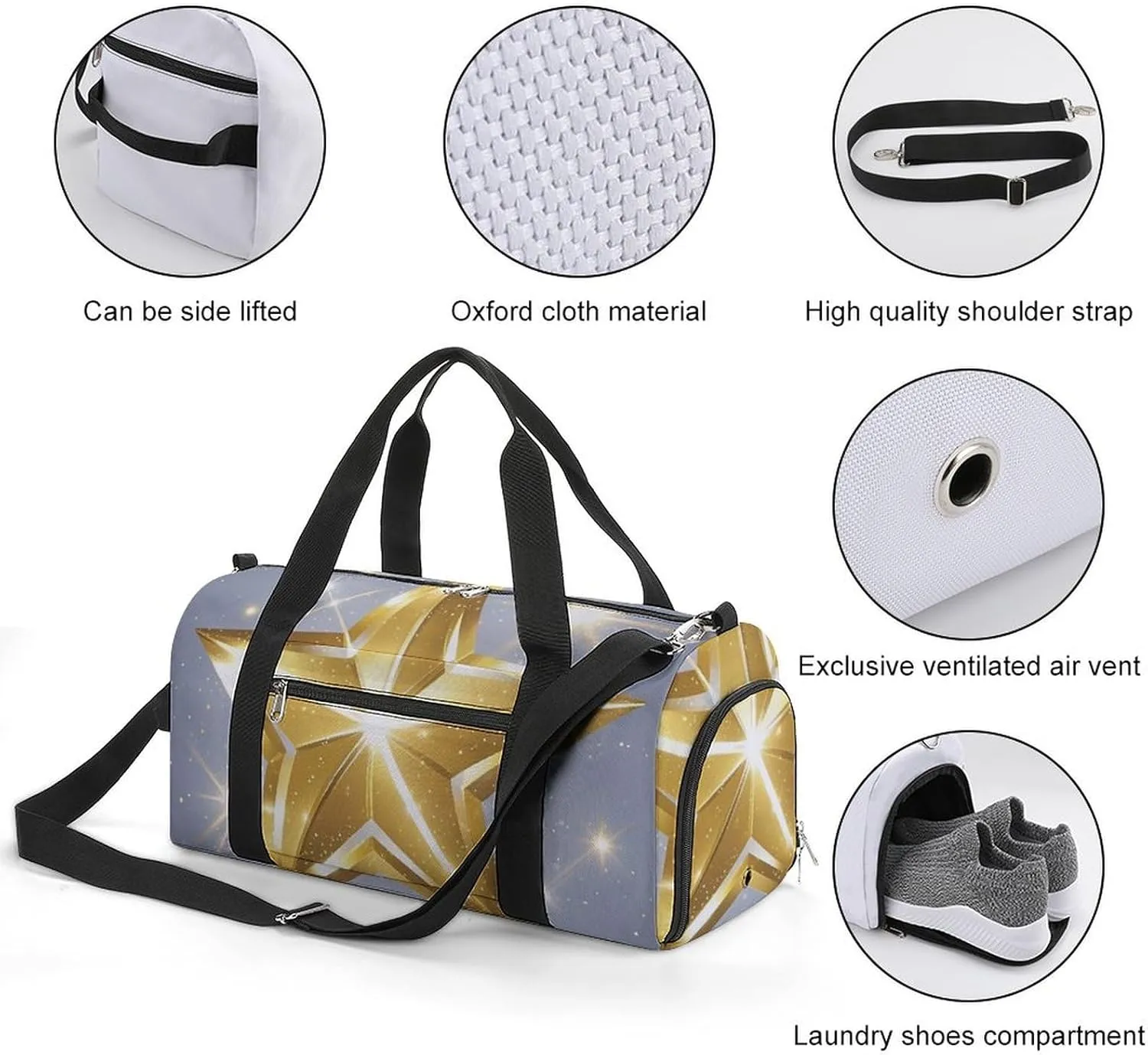 Gym Bag Gold Star Duffel Bag for Men Women Travel Overnight Bag with Shoe Compartment Workout Bags