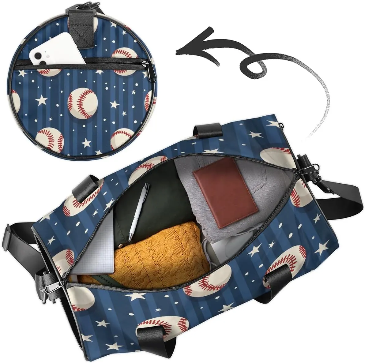 Gym Bags for Men Women Baseball Star Stripe Sports Duffel Bags Carry On Travel Duffle Bag with Detachable Adjustable Shoulder Strap Overnight Weekender Bag