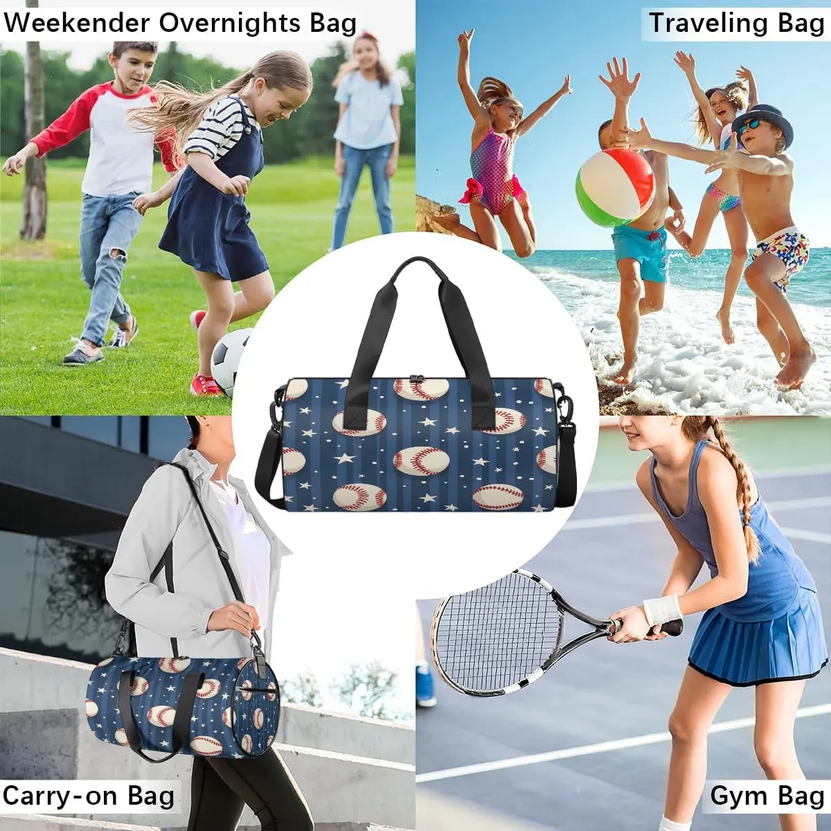 Gym Bags for Men Women Baseball Star Stripe Sports Duffel Bags Carry On Travel Duffle Bag with Detachable Adjustable Shoulder Strap Overnight Weekender Bag