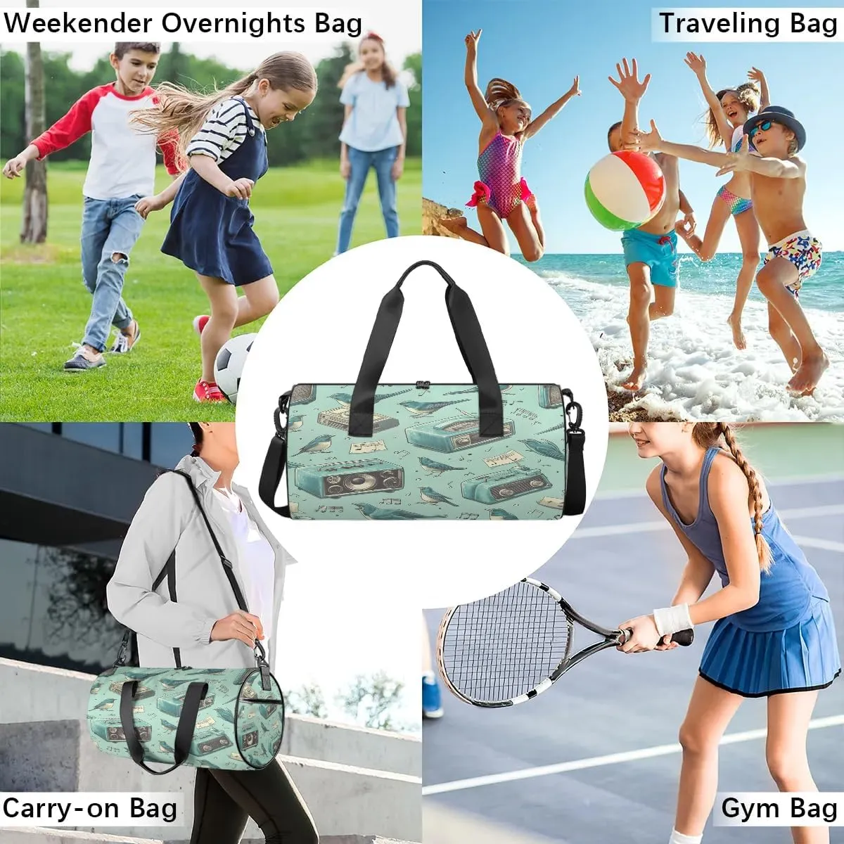Gym Bags for Men Women Birds Music Theme Sports Duffel Bags Carry On Travel Duffle Bag with Detachable Adjustable Shoulder Strap Overnight Weekender Bag