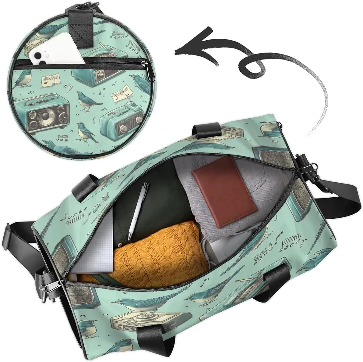 Gym Bags for Men Women Birds Music Theme Sports Duffel Bags Carry On Travel Duffle Bag with Detachable Adjustable Shoulder Strap Overnight Weekender Bag