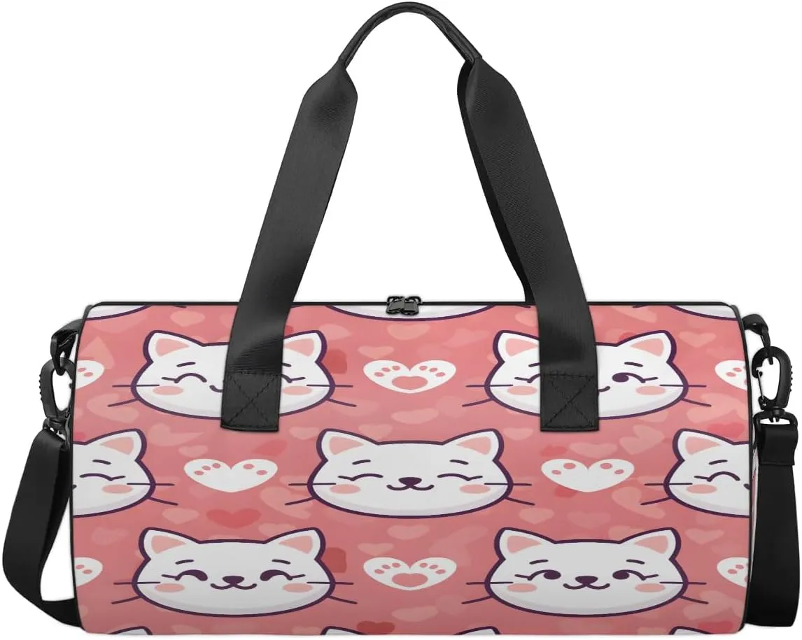 Gym Bags for Men Women Cat Love Heart Sports Duffel Bags Carry On Travel Duffle Bag with Detachable Adjustable Shoulder Strap Overnight Weekender Bag