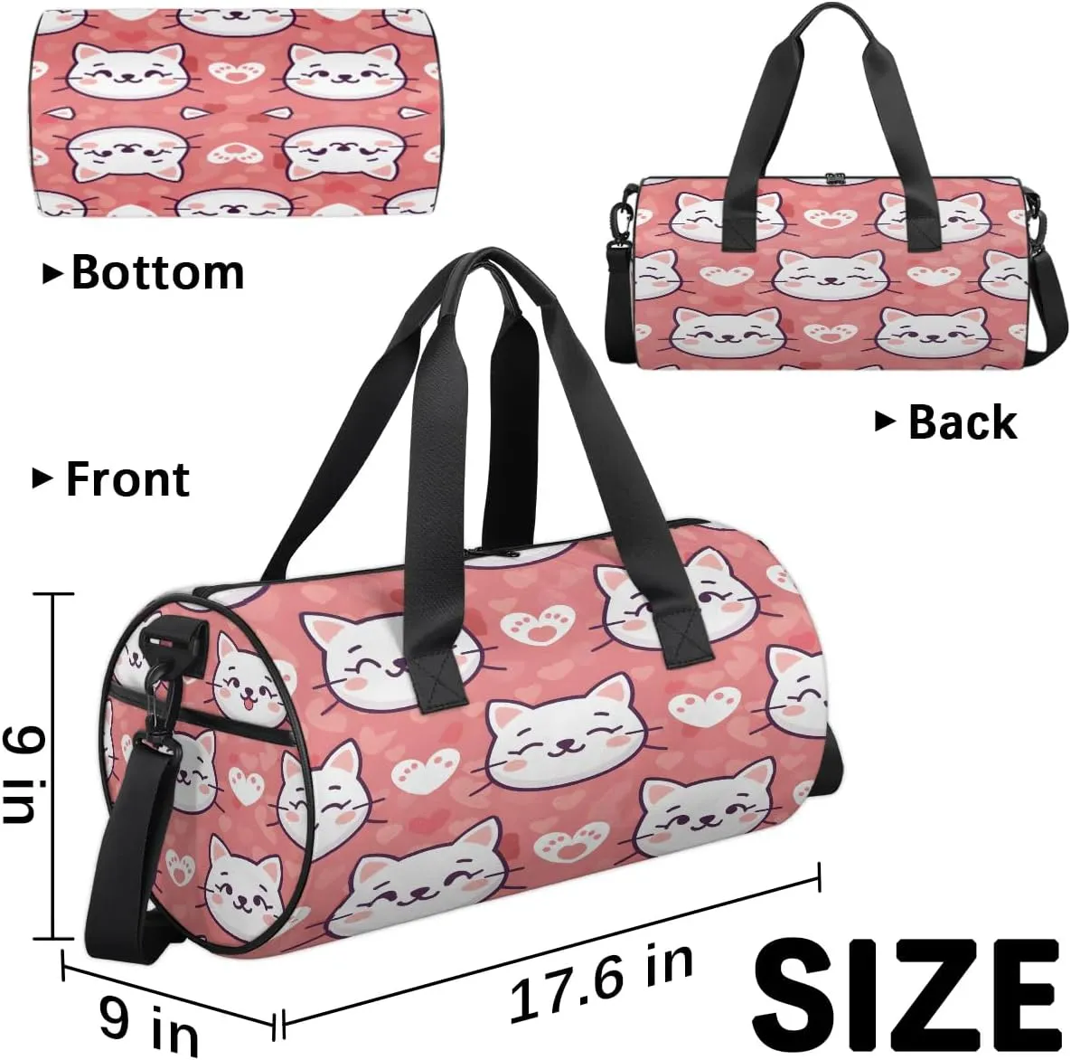 Gym Bags for Men Women Cat Love Heart Sports Duffel Bags Carry On Travel Duffle Bag with Detachable Adjustable Shoulder Strap Overnight Weekender Bag