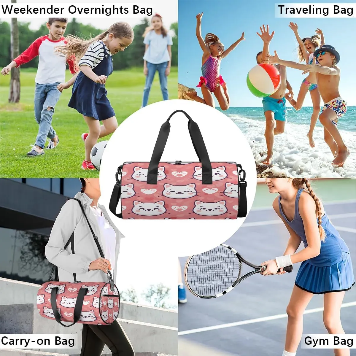Gym Bags for Men Women Cat Love Heart Sports Duffel Bags Carry On Travel Duffle Bag with Detachable Adjustable Shoulder Strap Overnight Weekender Bag
