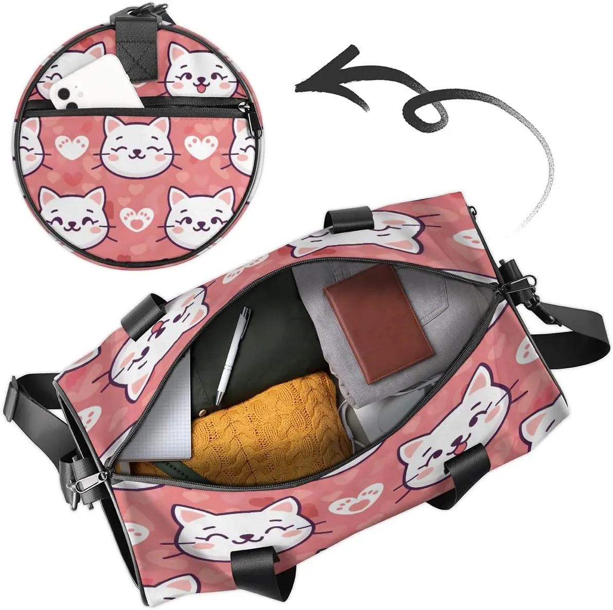 Gym Bags for Men Women Cat Love Heart Sports Duffel Bags Carry On Travel Duffle Bag with Detachable Adjustable Shoulder Strap Overnight Weekender Bag