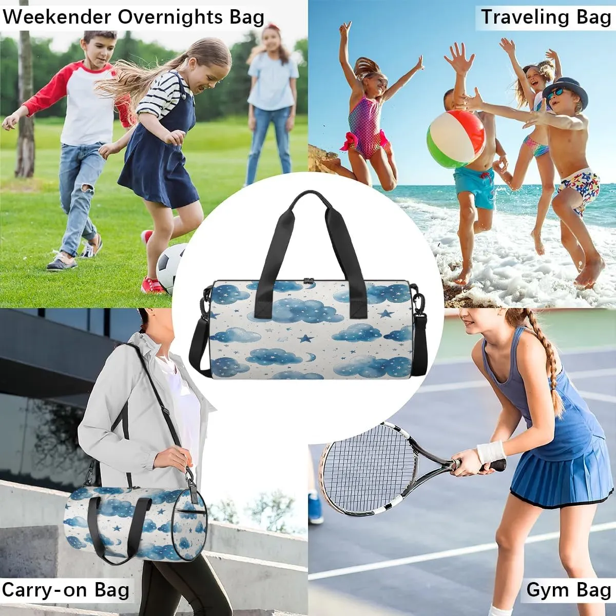 Gym Bags for Men Women Cloud Star Sports Duffel Bags Carry On Travel Duffle Bag with Detachable Adjustable Shoulder Strap Overnight Weekender Bag