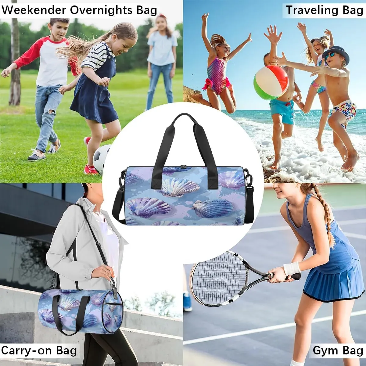 Gym Bags for Men Women Ocean Shells Sports Duffel Bags Carry On Travel Duffle Bag with Detachable Adjustable Shoulder Strap Overnight Weekender Bag