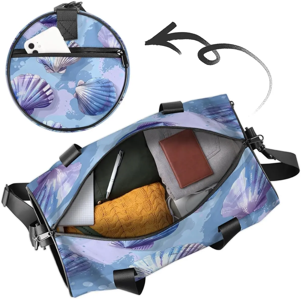 Gym Bags for Men Women Ocean Shells Sports Duffel Bags Carry On Travel Duffle Bag with Detachable Adjustable Shoulder Strap Overnight Weekender Bag