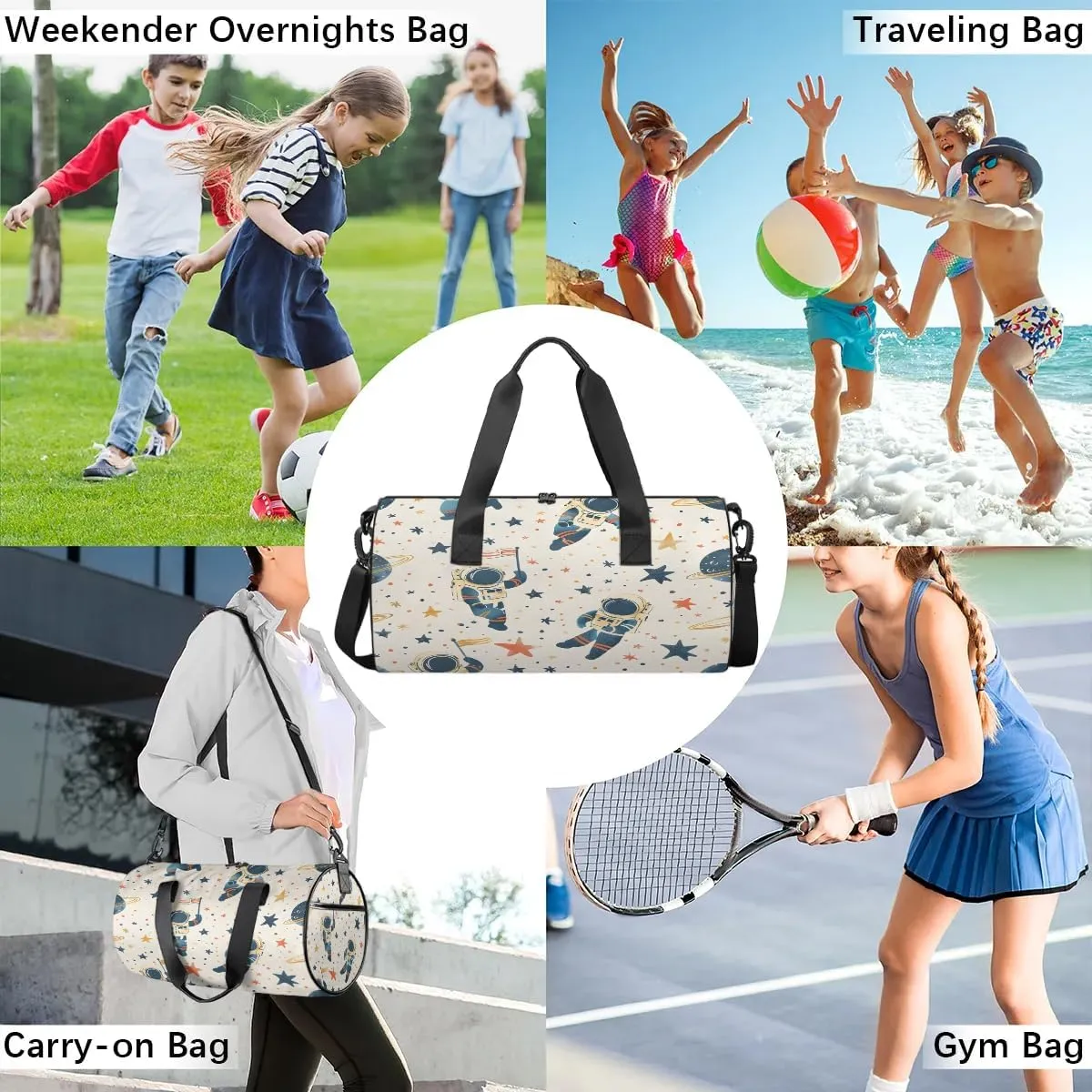 Gym Bags for Men Women Star Astronaut Print Sports Duffel Bags Carry On Travel Duffle Bag with Detachable Adjustable Shoulder Strap Overnight Weekender Bag