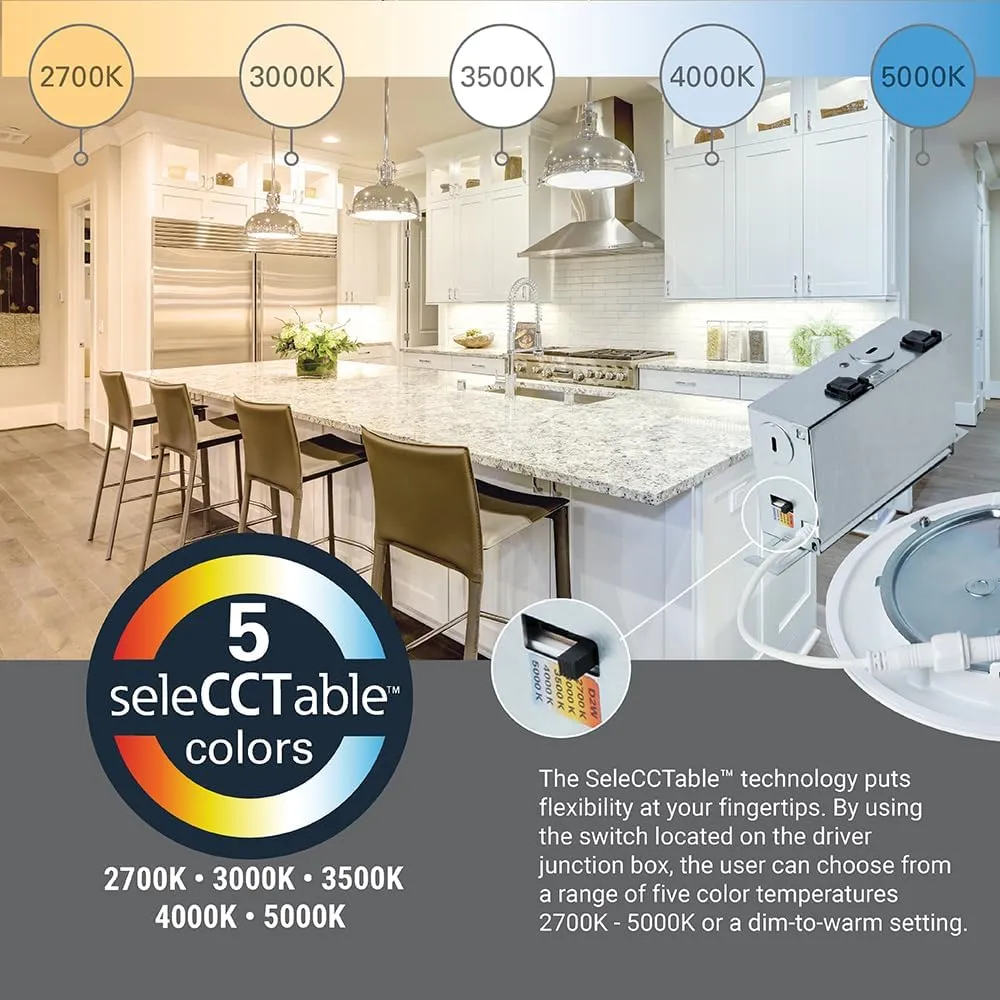 HALO HLBC 6-Inch Ultra-Slim Canless LED Downlight with Regressed Lens, Selectable CCT, Dim-to-Warm Technology
