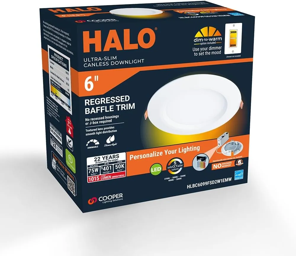 HALO HLBC 6-Inch Ultra-Slim Canless LED Downlight with Regressed Lens, Selectable CCT, Dim-to-Warm Technology
